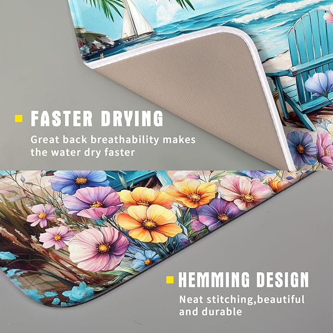 Spring Summer Sea Chair Dish Drying Mat for Kitchen Counter,Coastal Beach Palm Leaf Flowers Drying Mat 16 x 18 Inch with Absorbent Reversible Microfiber Drying Pad for Coffee Bar