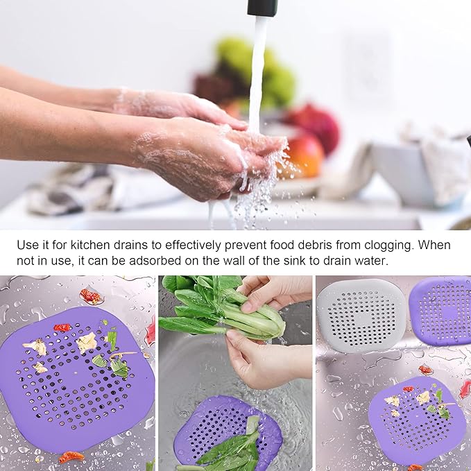 4 Pcs Shower Drain Hair Catcher Bathtub Stopper Home Drain Protectors Drain Cover with Sucker Water Trap Sink Cover for Bathroom Bathtub and Kitchen (Purple)