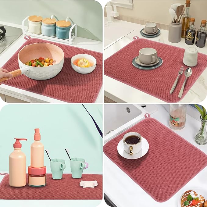 Microfiber Dish Drying Mat, Super Absorbent Kitchen Dish Drying Pad, Reversible for Countertop, 12*16 inch Red