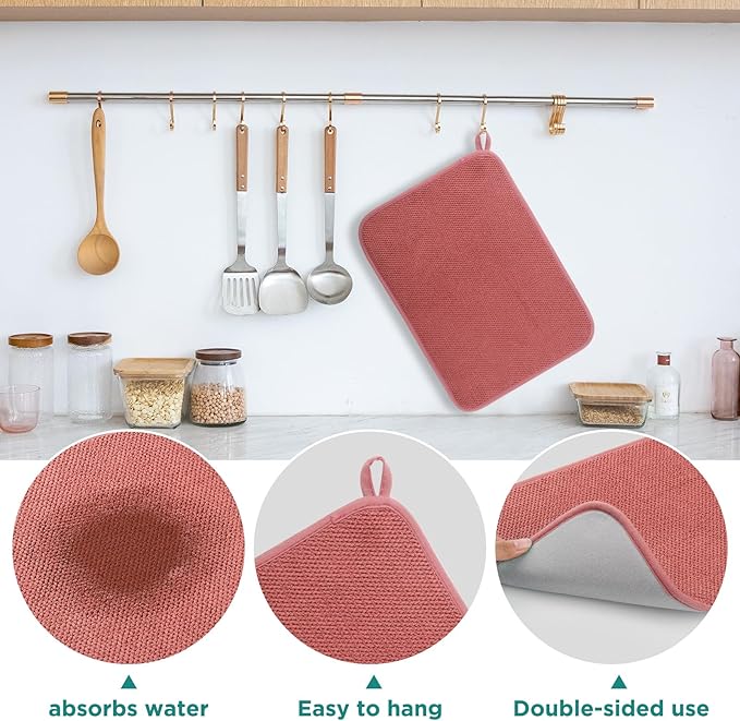 Microfiber Dish Drying Mat, Super Absorbent Kitchen Dish Drying Pad, Reversible for Countertop, 15*20 inch Red