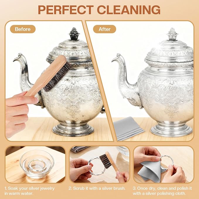 4 Pcs Horsehair Silver Cleaning Dauber Brushes Sterling Detail Polish Applicator Set with Polishing Cloth for Silverware Plateware Jewelry Cleaner(Style C)