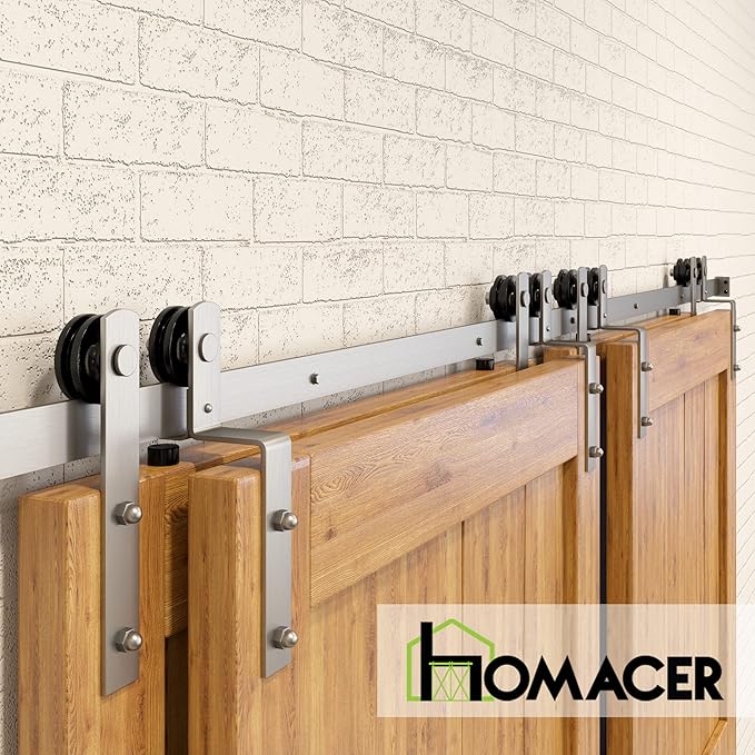 Homacer Brushed Nickel Single Track Bypass Sliding Barn Door Hardware Kit, for Four Doors, 6ft Long Flat Track, StraightDesign Roller, (2 Flat+ 2 Bent Roller Set)
