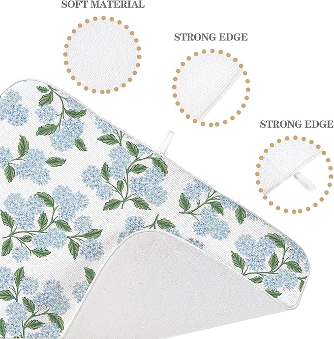 Blue Sage Green Hydrangea Dish Drying Mats 18x24 Inch Floral Mats Spring Holiday Kitchen Decor Absorbent Drying Dish Pad Rack Drainer Mats for Kitchen Dining Room