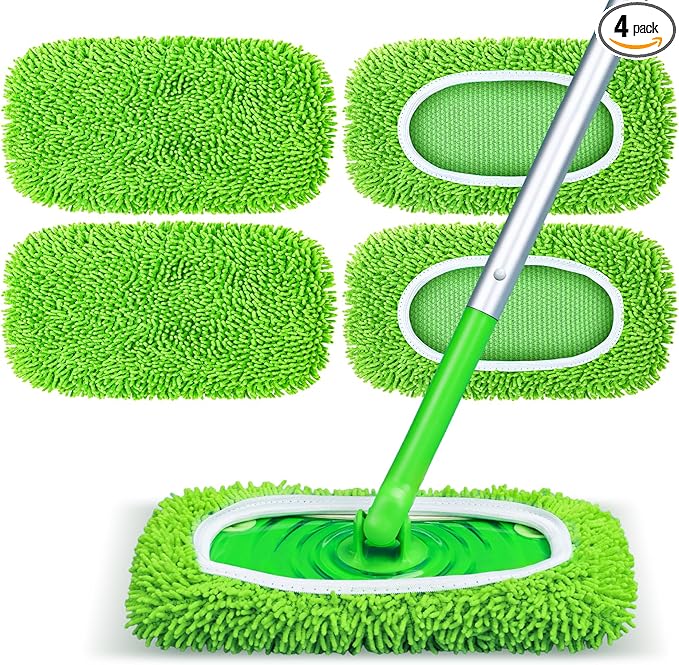 Reusable Mop Pads Fit Swiffer Sweeper, 4-Pack Microfiber Mop Replacement Pads, Washable Wet Mopping Cloths & Dry Sweeping Chenille Pads Refill for Floor Cleaning