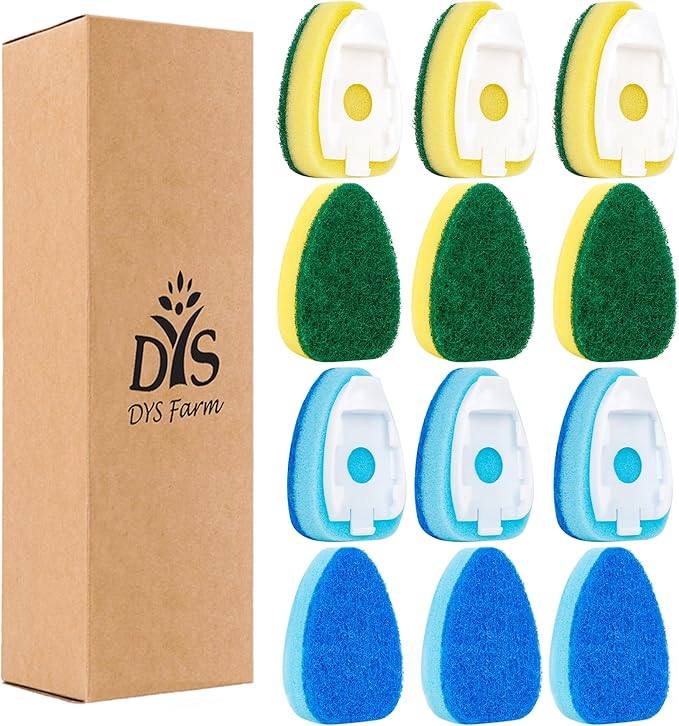 Dishwand Sponge Refills (12-Pack) – Heavy Duty Non-Scratch Replacement Heads for Dishwand Handle | Soap Dispensing Scrubber Pads | Kitchen Cleaning Supplies (Green/Blue)
