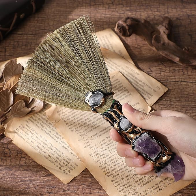 Crystal Witch Altar Broom - Witchcraft Supplies with Moon Design Amethyst Wiccan Stuff Magic Broomstick with Natural Healing Crystals Pagan Fengshui Reiki Energy Clearing Gift