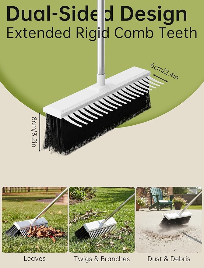NiHome Outdoor Push Broom with Garden Rake, 2-in-1 16-Inch Dual-Sided Head for Lawn and Hard Surfaces, 63-Inch Adjustable Stainless Steel Handle, Heavy-Duty Yard Cleaning Tool