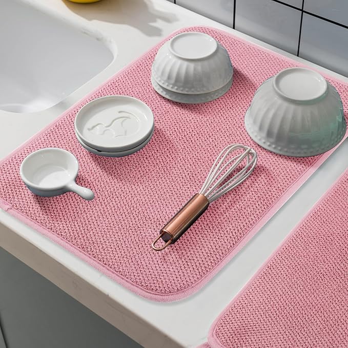 Microfiber Dish Drying Mat, Super Absorbent Kitchen Dish Drying Pad for Easter Day, Reversible Gift Mats for Countertop, 12 * 16 inch Pink