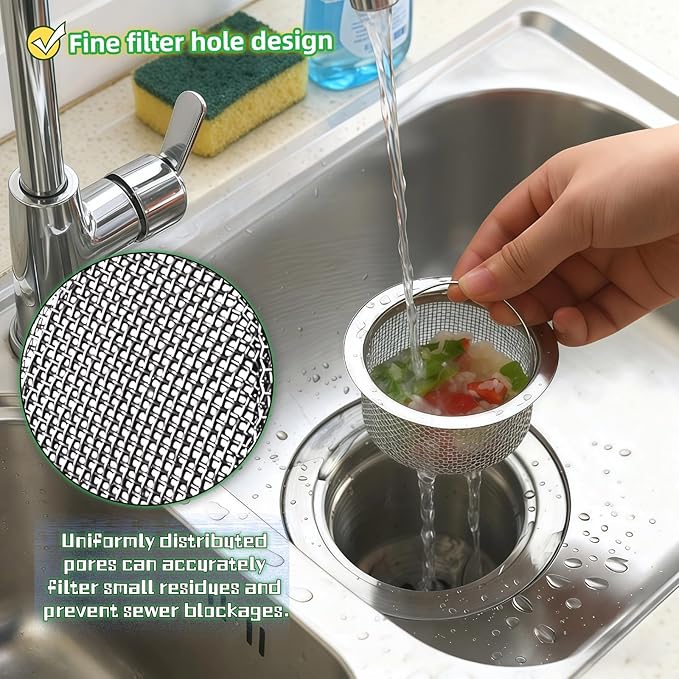 Stainless Steel Kitchen Sink Strainer - Deep Cup Basket Design, 2-Pack, Upgraded Double-Layer Safety, Large Food Catcher, Fits Most Standard Drains (3.14"-3.34" Inner Dia), Rustproof, Easy to Clean