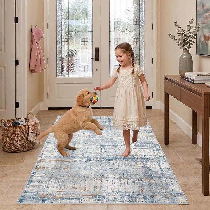 3x5 Washable Entryway Rug, Non Slip Boho Runner Rugs for Hallway, Entrance, Kitchen, Bathroom, Laundry Room, Soft Entryway Carpet, Throw Low Pile Retro Imitation Wool Carpet, Blue Beige