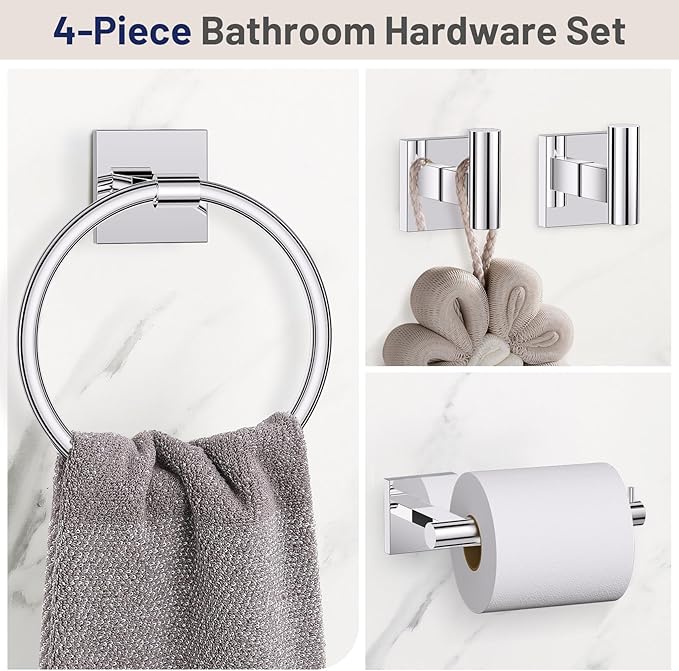 Towel Ring Set 4 Piece Bathroom Hardware Set Includes Towel Ring 2 Towel Hooks and Toilet Paper Holder Stainless Steel Wall Mounted (Polished Chrome)