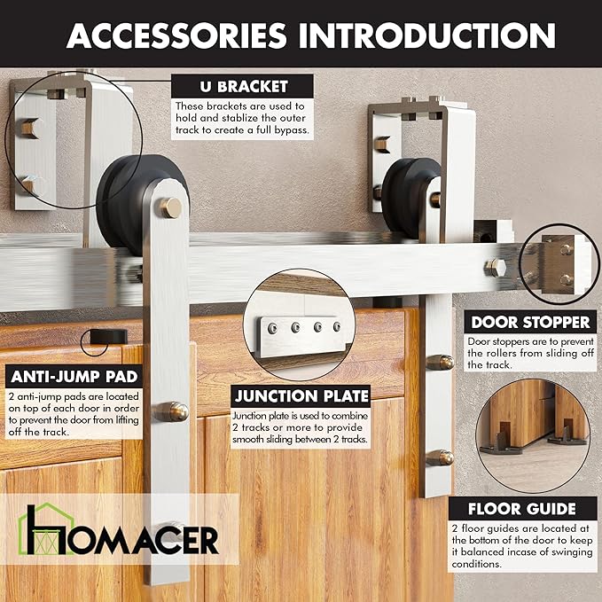 Homacer Brushed Nickel Double Track U-Shape Bypass Sliding Barn Door Hardware Kit, for Two/Double Doors, 5.5ft Long Flat Track, Straight Design Roller