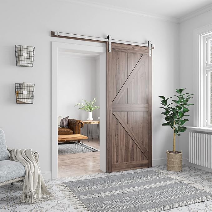 SMARTSTANDARD 6 Feet Brushed Nickel Barn Door Hardware Kit-Heavy Duty Sliding Track-Smoothly and Quietly-Easy to Install-Fit 36" Wide Door Panel (J Shape Hanger)