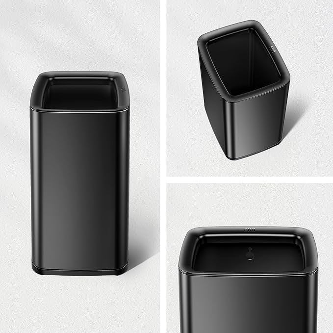 EKO Laguna 2.6 Gallon/10L Matte Black Stainless Steel Open Top Trash Can with Removable Inner Basket - Modern Bathroom & Office Waste Bin