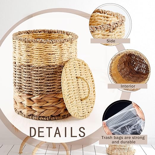 Ctosree 1.3 Gallons Small Trash Can with Lid Handle Boho Woven Braided Bathroom Waste Basket Trash Can with 100 Garbage Bags for Bedroom Office Laundry(Primary Color,Braided Wicker,Round)
