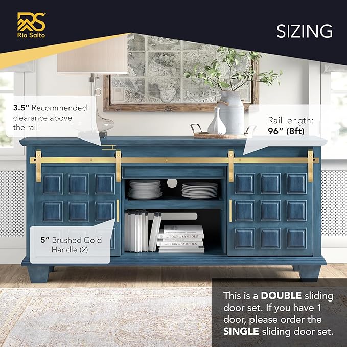 Rio Salto Mini Gold Barn Door Hardware Kit with 2 Handles, Double Pannel Cabinet Rollers DIY Track for Sliding Furniture (Light Gold, 8FT Track Kit (Double Door)