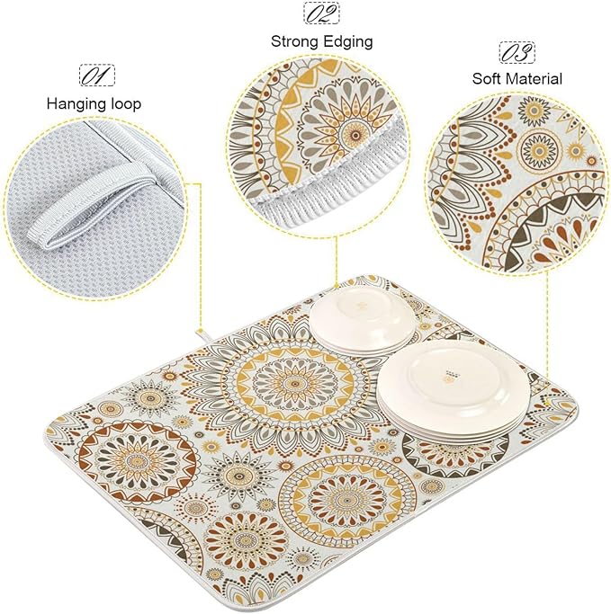 Mandala Ethnic Bohemian Ornament Dish Drying Mat for Kitchen Counter Absorbent Microfiber Drying Pad, Medium 16x18 in, Reversible Drainer Mats