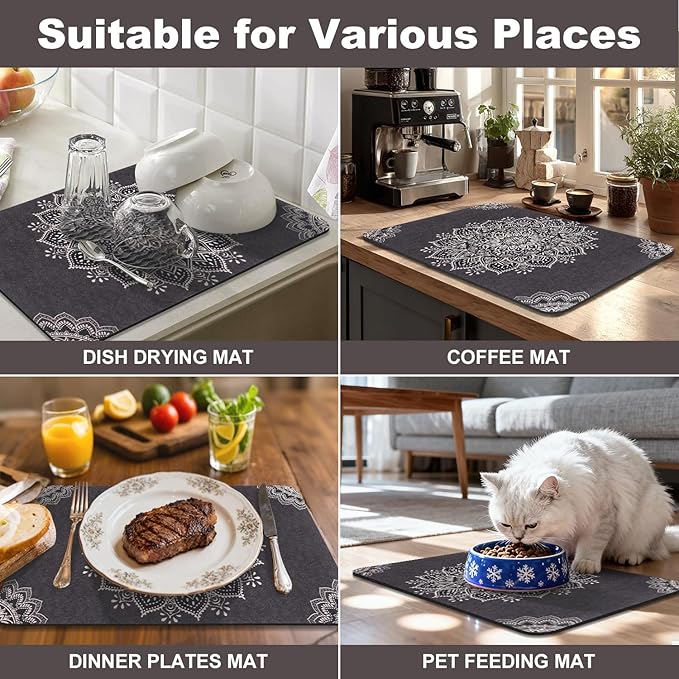 Yamaziot Boho Coffee Mat 12"x20", Floral Dish Drying Mat for Kitchen Counter, Non Slip Coffee Bar Accessories Espresso Machine Dish Rack