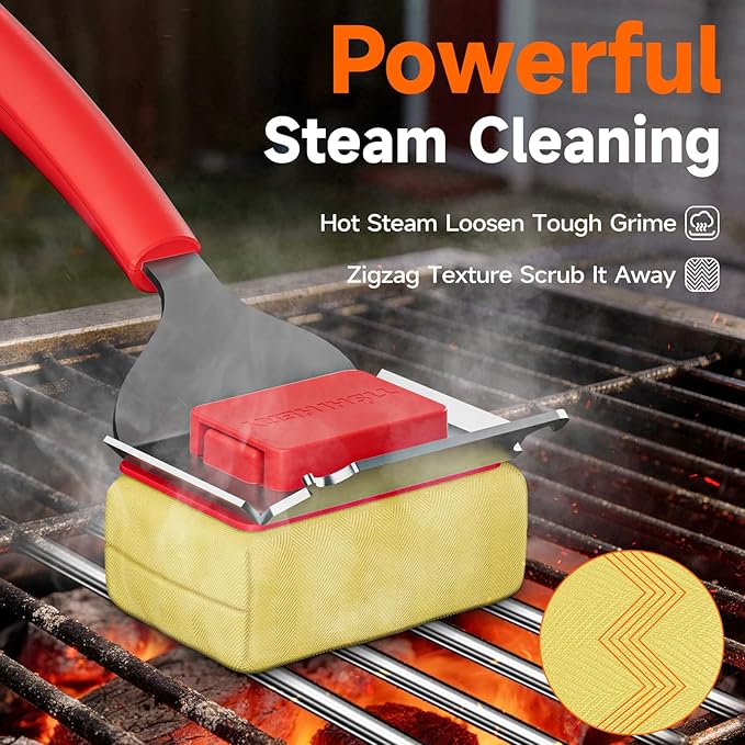 Bristle Free Grill Brush with Scraper for Outdoor Grill Cleaning, Safe Steam BBQ Grill Cleaner, Replaceable Head, Grilling Accessories for Cast Iron, Stainless Steel, Porcelain, Ceramic Grates - Red