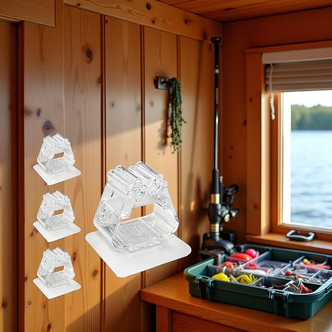 4Pcs Clear Fishing Rod Holder. Mounted Fishing Pole Holder, Wall-Mounted Multi-Purpose Functions, No Need to Drill Fishing Rod Rack, Can Hold any Type of Fishing Rod, Fishing Rod Holders