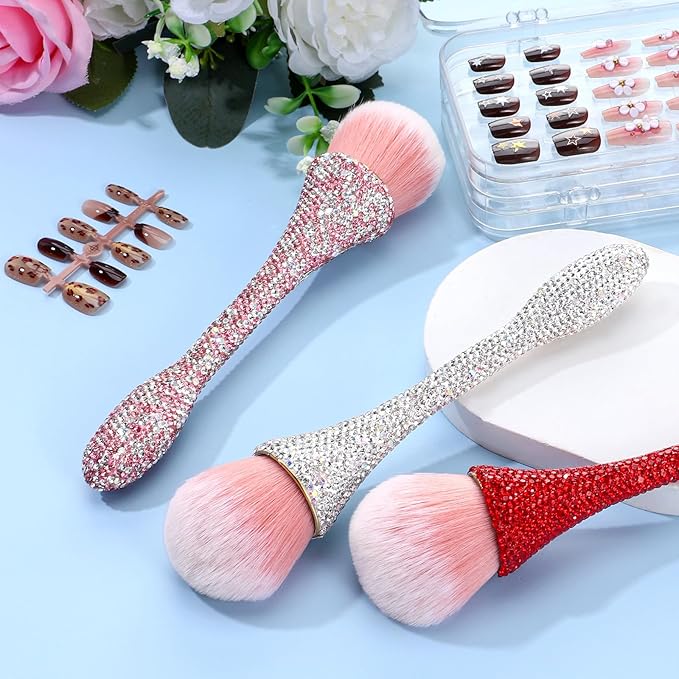 Nail Dust Brush, Pink Shiny Rhinestone Nail Art Dust Brushes Acrylic Nails Duster Brush Nails Powder Cleaning Brushes Make Up Manicure Trimming Clean Up Tools, 1 PCS