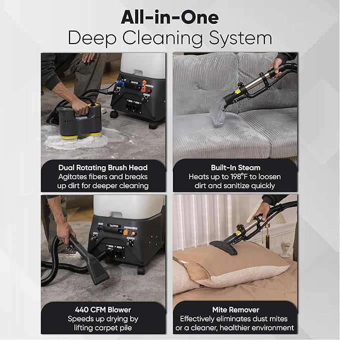 Dapper Commercial Carpet and Upholstery Extractor Cleaning Machine with Steam, Spray-Vacuum, Blower & Mite Remover. 3 Gal Tanks — Designed for Deep Cleaning. Dual Separate Circuit Power Cords