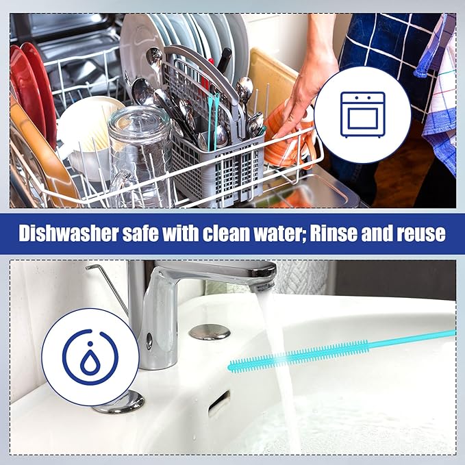2pcs Silicone Straw Brushes, 6mm+8mm Extra Long Straw Cleaner Brush Reusable Hanging Straw Cleaning Brush Bendable Crevice Brush Pipe Cleaners for Glass Metal Straw (Blue)