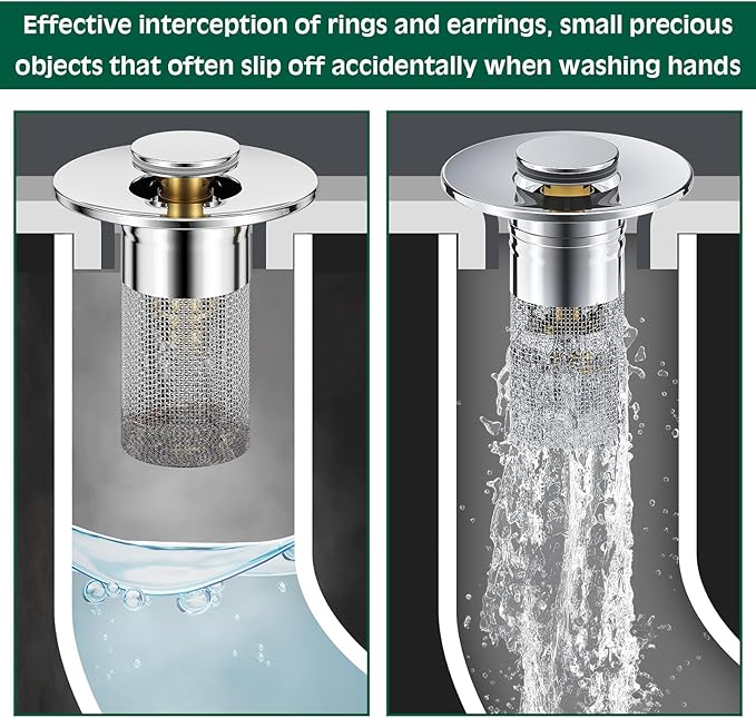3 in 1 Sink Drain Strainer with Hair Catcher,4PCS Stainless Steel Popup Sink Stopper with Basket for Bathroom Kitchen Shower,Pop-up Bounce Core Floor Basin Drain Filter,Replacement Sink Plug