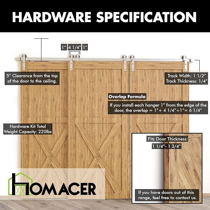 Homacer Brushed Nickel Single Track Bypass Sliding Barn Door Hardware Kit, for Three Doors, 5.5ft Long Flat Track, StraightDesign Roller, (1 Flat+2 Bent Roller Set)