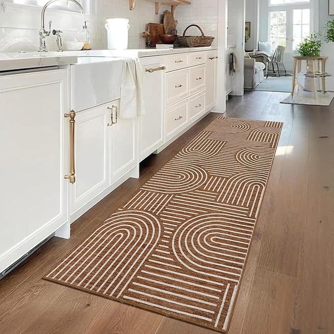 Modern Rug 2.5x10 Runners for Hallways, Abstract Kitchen Runner Rugs Non Slip Bath Mat, Rainbow Washable Runner Rug for Bedroom, Soft Long Rugs for Entryway Bathroom Laundry Dorm, Copper