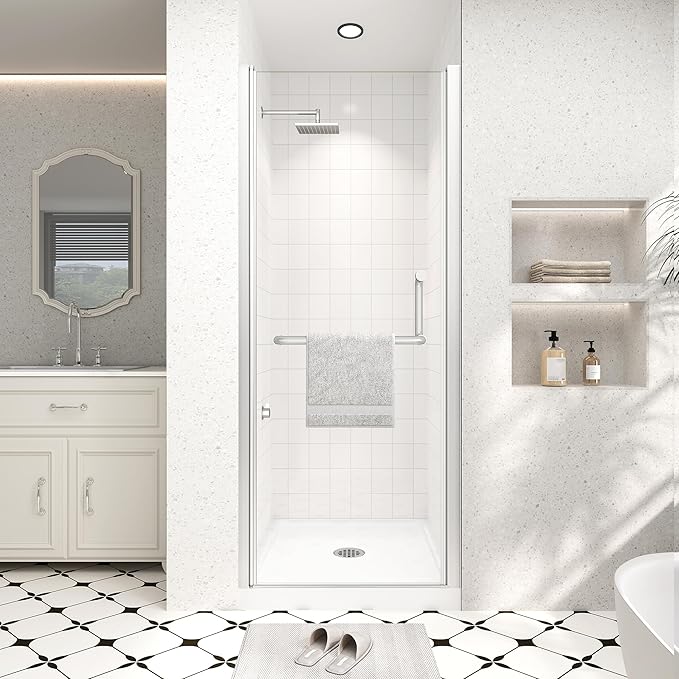 Frameless Pivot Shower Door 26"-28" Wx72 H,1/4"(6mm) Clear Nano Coated (SGCC) Tempered Glass,Reversible Swing Shower Door for Walk-in Shower,Modern Brushed Nickel Finish