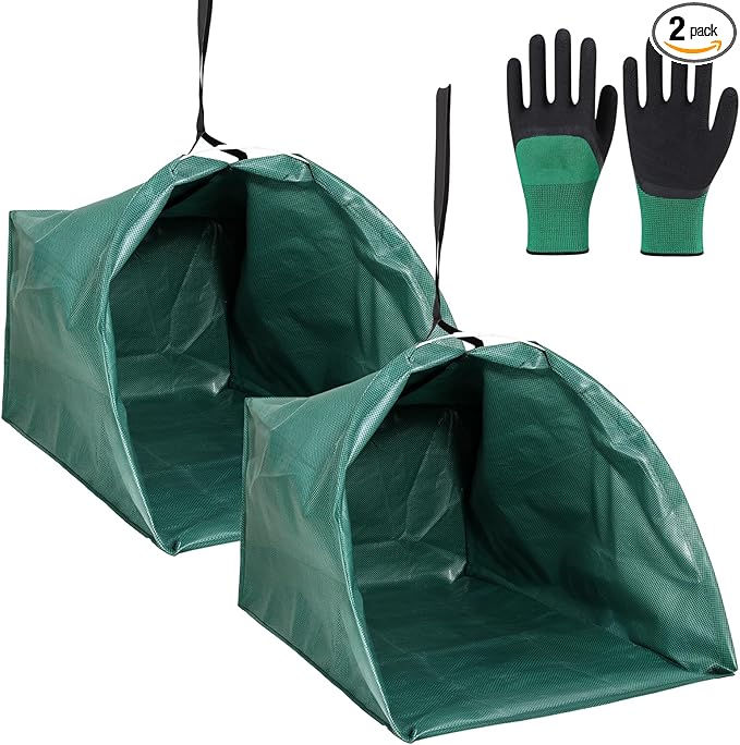 2-Pack Dustpan-Type Yard Waste Bags, 72-Gallon Reusable Lawn Bags with Handles & Gardening Gloves, Heavy-Duty Collapsible Leaf Collector for Lawn Debris, Grass Clippings & Leaves