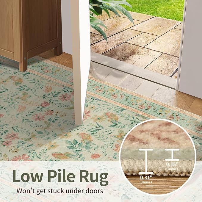2x5 Floral Runner Rug, Washable Runners for Hallways, Green Vintage Boho Kitchen Rugs, Non Slip Hallway Runner Carpet for Indoor Hallway, Kitchen, Laundry Room and Bathroom(Mint Green 2x5ft)