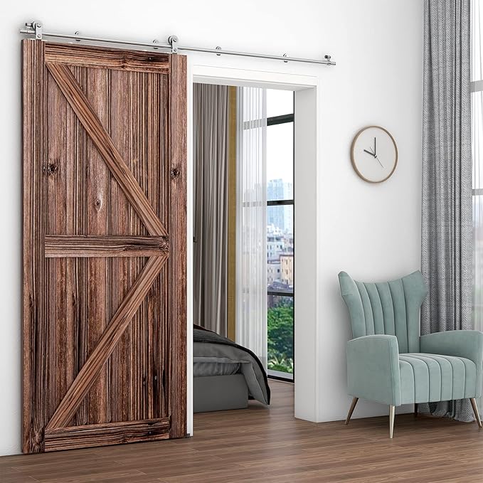 TSMST 7FT Sliding Barn Door Hardware Kit, Top Mount Stainless Steel Heavy Duty Sturdy Barn Door Track for Single Wood Door, Slide Smoothly Quietly (T Style)
