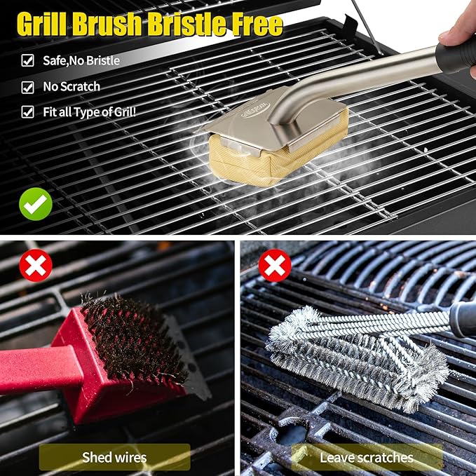 Bristle-Free Steam Grill Brush for Outdoor Barbecue, Safe for Cast Iron Grates, Includes Replacement Pads