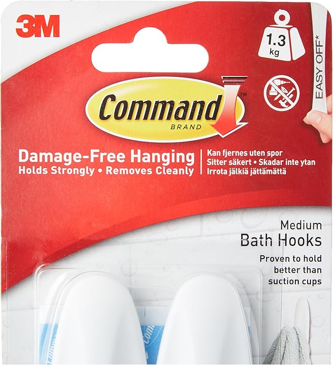 Command Designer Bath Hooks, Medium, White, 2-Hooks with Water-Resistant Strips (17081B-ES), Organize Your Dorm