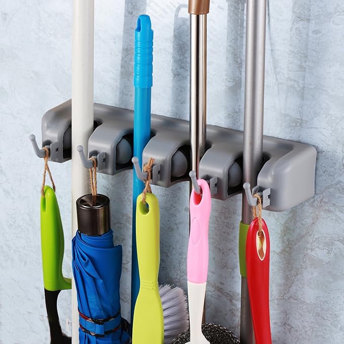 TOGU Mop and Broom Holder Wall Mounted 4 Position Storage Rack with 5 Retractable Hooks Holds up to 9 Tools Utility Weatherproof Holder for Garage Storage Systems Broom Organizer,Gray