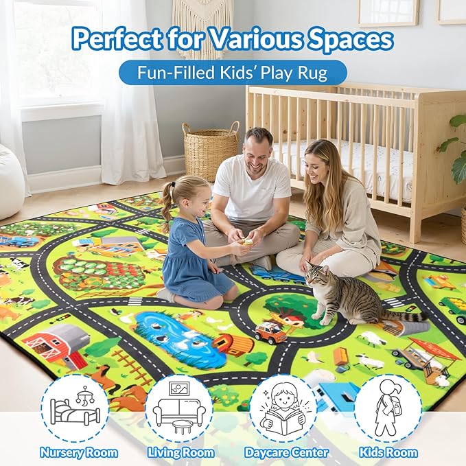 Kids Rug, Fun Farm Car Rugs for Kids' Toy Cars, 4x6 FT Extra Thick (0.4in) Toddler Car Play Mat, Non-Slip, Cushioned, Easy to Clean, Educational Imaginative Car Carpet for Kids