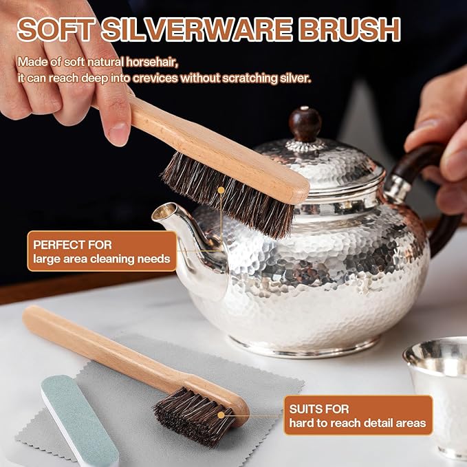 4 Pcs Horsehair Silver Cleaning Brushes Dauber Sterling Detail Polish Brush Applicator Set with Polishing Cloth for Silverware Plateware Jewelry Cleaner(Style B)