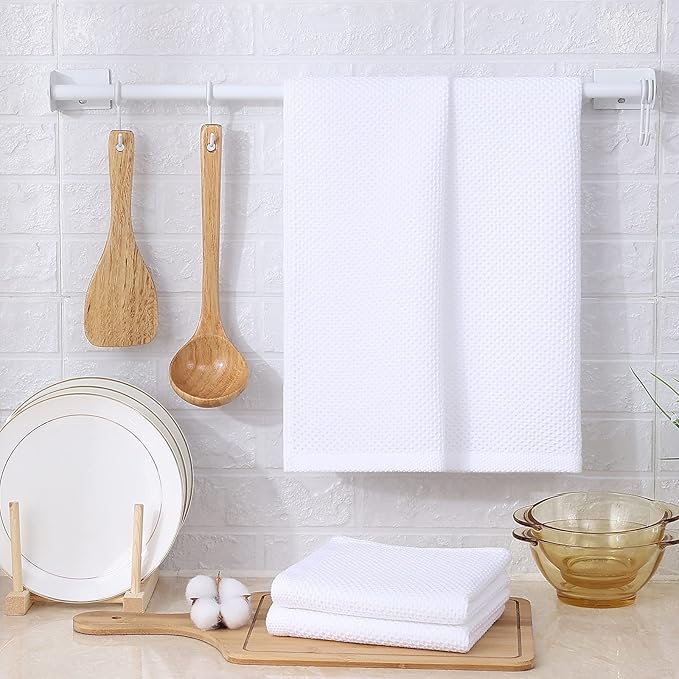 Kitinjoy 100% Cotton Waffle Weave Kitchen Hand Towels (13 X 28 Inches, White), 6-Pack Super Soft and Absorbent Dish Towel for Drying Dishes