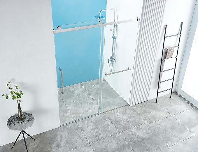 56-60" W x 76" H Frameless Single Sliding Shower Door, Frameless Shower Door, Shower Glass Door with 5/16" (8mm) Clear SGCC Tempered Glass, Stainless Steel Hardware O01 (2 Roller - Chrome)