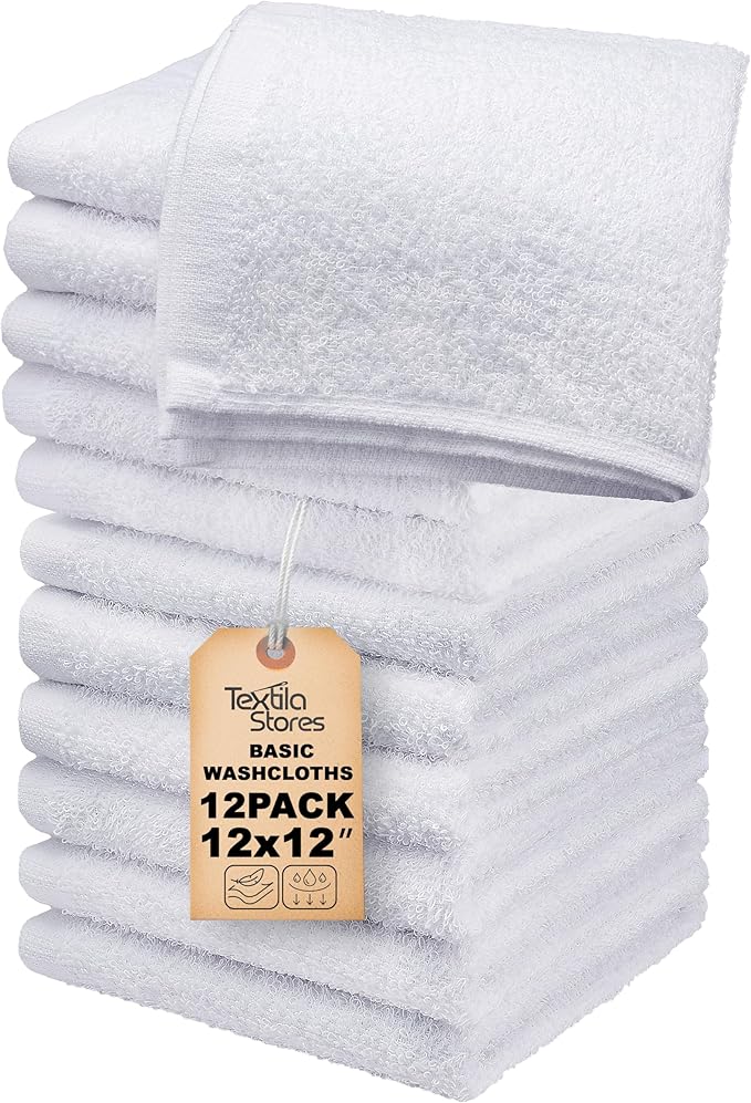 Basic Wash Cloths 12x12 Inches – Pack of 12 – White Color – Soft and Absorbent Multipurpose Cotton Washcloths for Bathroom, Spa, Gym, Salon, Hotel, and Everyday Use