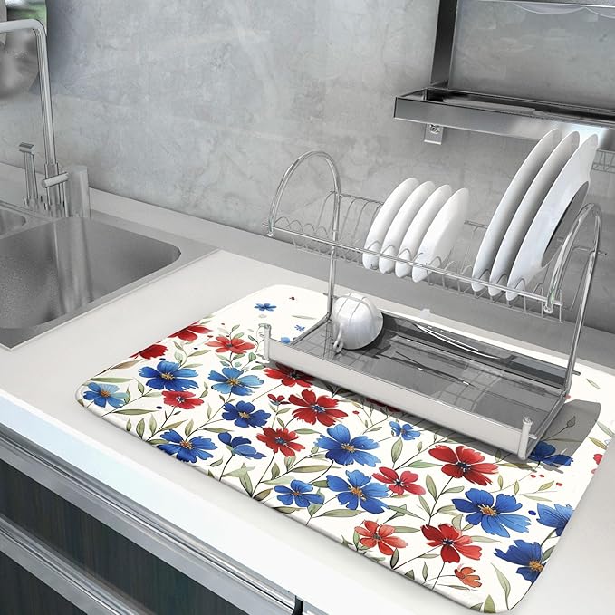 Khope 4th of July Dish Drying Mat for Kitchen Counter 18x24 Inch America Colorful Red Blue Floral Reusable Washable Memorial Day Flowers Drying Pad Countertop Home Decor