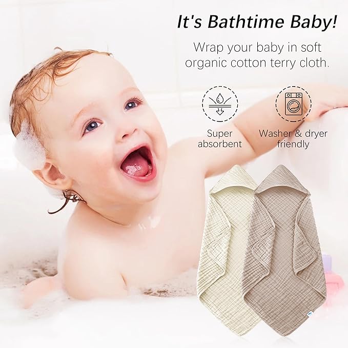 SWEET DOLPHIN Muslin Hooded Baby Bath Towels - 2 Pack 100% Cotton Towel for Babies, Infants, Toddlers - 32x32Inch - Highly Absorbent and Newborn Essential, Ivory and Brown