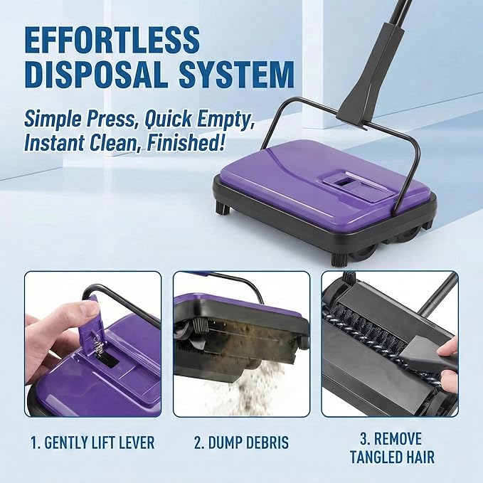 Manual Carpet Sweeper, Electric-Free Quiet Floor Sweeper with 300ml Easy-Empty Dustbin, 6.7” Cleaning Width for Pet Hair, Crumbs, Dust on Carpets, Hardwood, Tile - Home & Office Use (Purple)