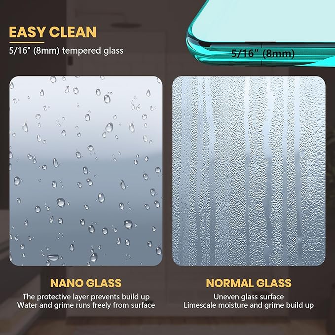 26" W x 78" H Frameless Shower Glass Panel, Single Fixed Shower Panel Screen with Clamps, 5/16"(8mm) Clear Tempered Glass, Bathroom Shower Doors Fixed Shower Glass Door Panel in Matte Black