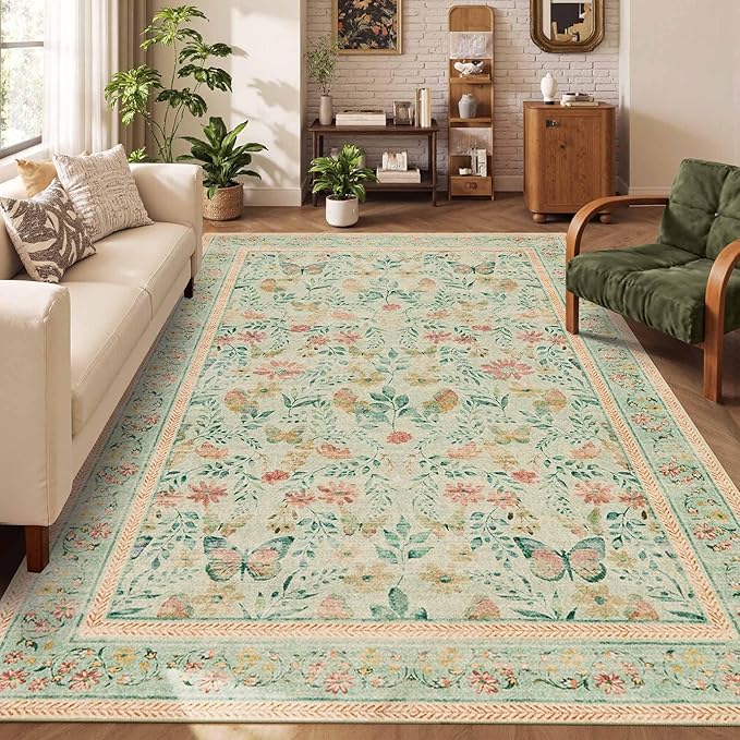 Floral 5x7 Washable Area Rug, Vintage Boho, Non Slip Low Pile Wool Carpet for Living Room,Bedroom,Indoor Dining Room,Girls Room,Nursery(Green 5x7ft)