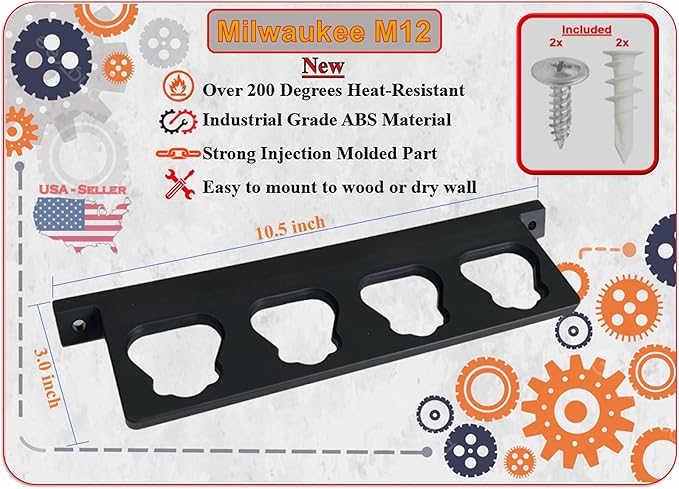 Milwaukee M12 Battery Holder | Milwaukee 12V Battery Holder | Milwaukee Battery Storage | Milwaukee 12V Battery Wall Mount, Milwaukee 12V Battery Wall Rack Black