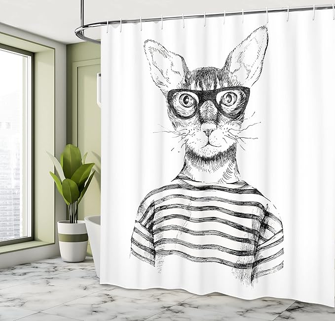 Ambesonne Cat Shower Curtain, Hand Drawn Dressed up Hipster New Age Cat Fashion Urban Free Art Print, Cloth Fabric Bathroom Decor Set with Hooks, 69" W x 75" L, Gray White