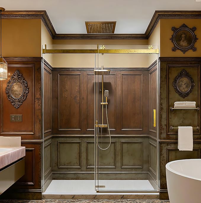 56-60" W x 76" H Frameless Soft-Close Sliding Shower Door, 3/8" (10mm) SGCC Tempered Glass, Reversible Install, Brushed Gold, Elegant Bathroom Upgrade
